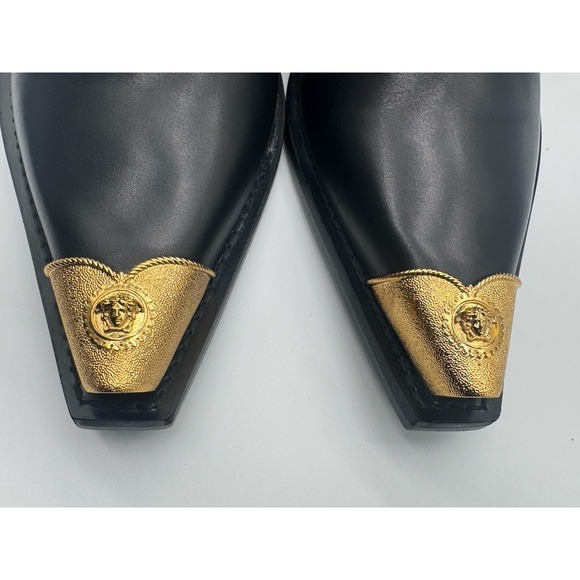 Versace Black Gold Leather Mules Heels Medusa  Bucklel Women's 40 EU New - Picture 13 of 16